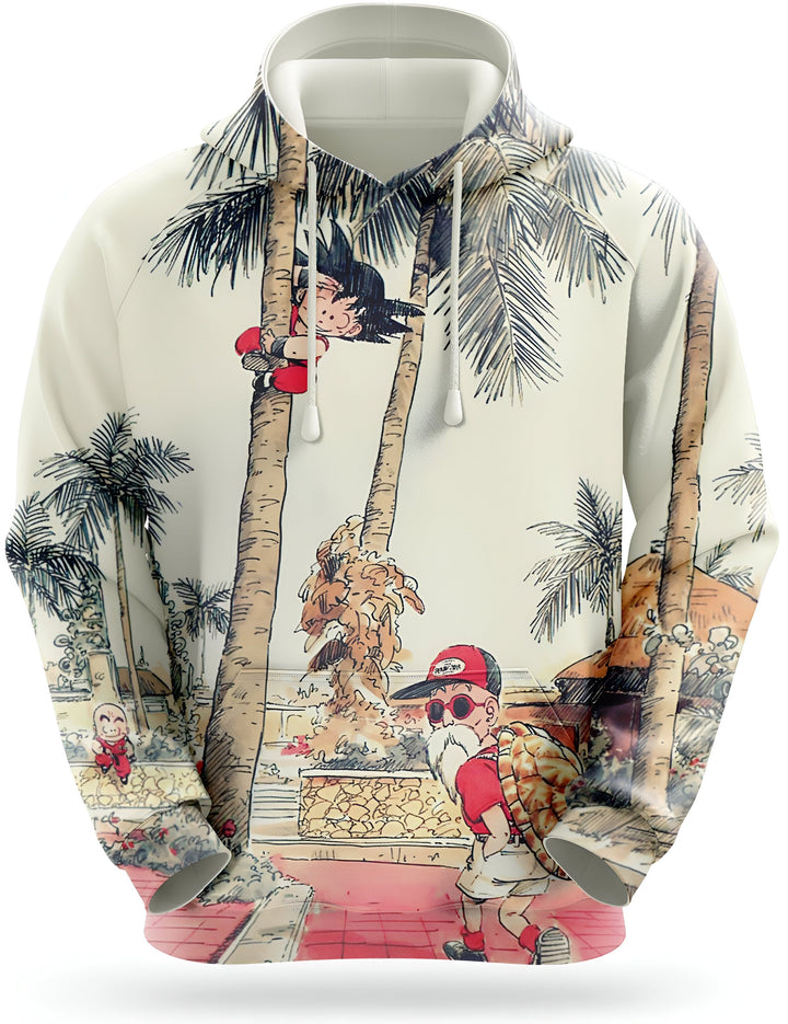 L'image représente un sweat à capuche blanc avec une illustration de Son Goku et Tortue Géniale. Son Goku est perché en haut d'un palmier et Tortue Géniale est en train de marcher vers lui.,SW-9167445357,SW-3936250685,SW-6312352765,SW-5789013864,SW-547707471X,SW-2684756481,SW-3121513656,SW-0922916632