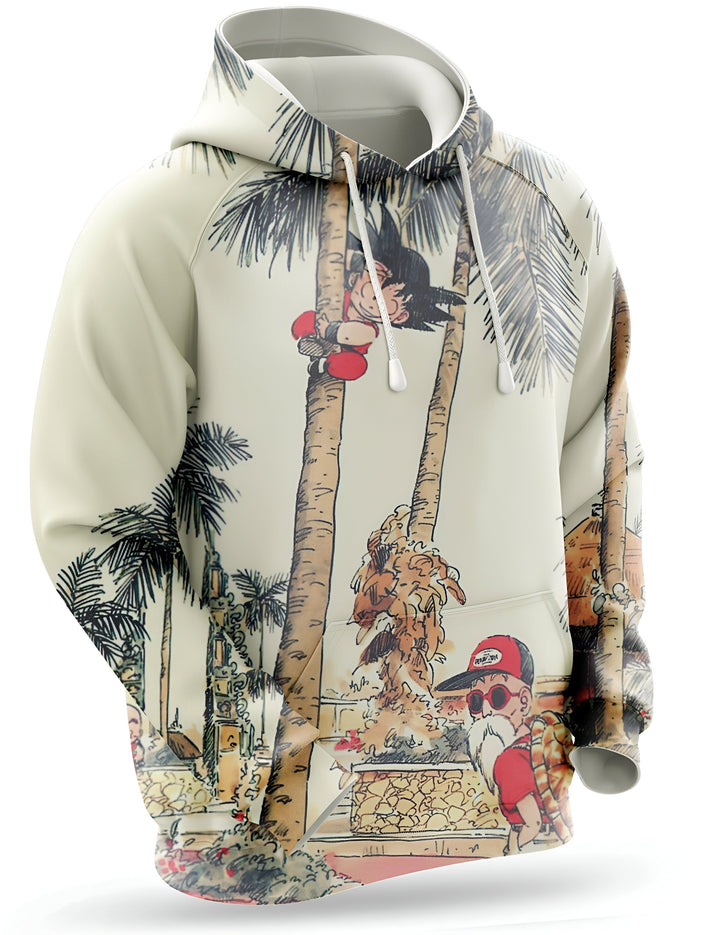 Une image d'un sweat à capuche beige avec une illustration de Son Goku, un personnage de Dragon Ball Z, en train de grimper à un palmier.,SW-9167445357,SW-3936250685,SW-6312352765,SW-5789013864,SW-547707471X,SW-2684756481,SW-3121513656,SW-0922916632