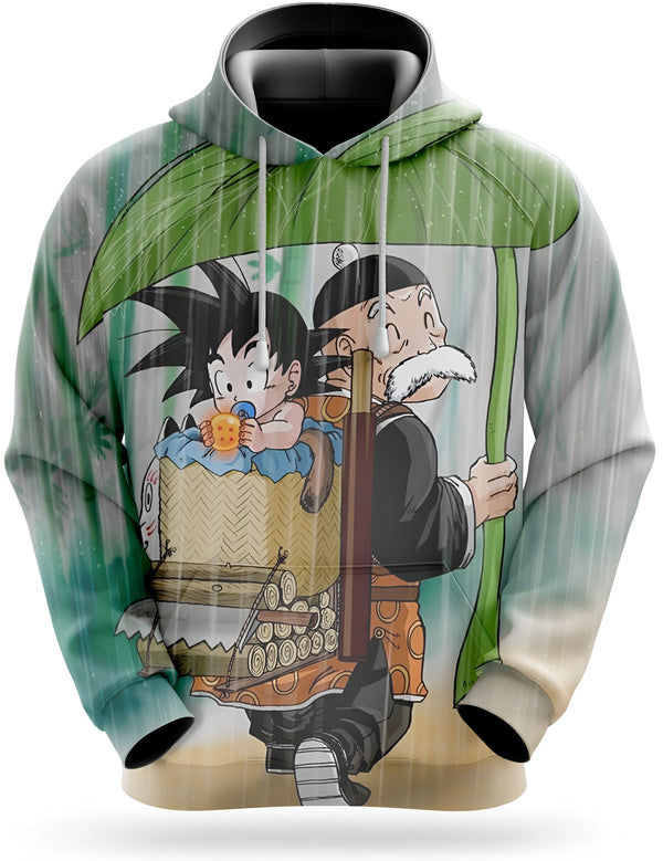 Une image de Son Goku et de Tortue Géniale sous la pluie. Tortue Géniale porte une ombrelle en feuille et Goku est dans un panier sur son dos.,SW-3675238687,SW-7688913640,SW-411172437X,SW-6339585337,SW-537504739X,SW-5645749952,SW-154569754X,SW-5016746966,SW-482666740X