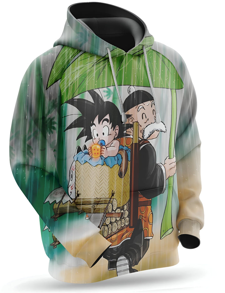 Une image de Son Goku et de Tortue Géniale sous la pluie. Son Goku est un jeune garçon avec des cheveux noirs hérissés et des yeux bleus. Il porte une combinaison orange et une ceinture bleue. Tortue Géniale est un vieil homme avec une longue barbe blanche et des cheveux blancs. Il porte une cape verte et un chapeau pointu. Il tient un bâton de marche à la main.,SW-3675238687,SW-7688913640,SW-411172437X,SW-6339585337,SW-537504739X,SW-5645749952,SW-154569754X,SW-5016746966,SW-482666740X