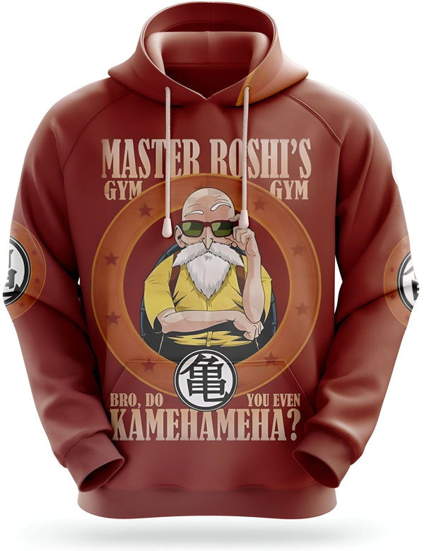 Une image d'un sweat à capuche rouge avec le texte "Master Roshi's Gym" et une image de Master Roshi de la série animée Dragon Ball Z.,SW-9686215042,SW-4279988404,SW-3100107888,SW-3765244961,SW-0707302641,SW-1902301358,SW-2164148282,SW-6246336051