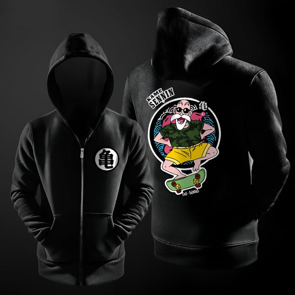 L'image représente un sweat à capuche noir avec une image de Kame Sennin, un personnage de Dragon Ball Z, en train de faire du skateboard. Le sweat à capuche a une fermeture éclair sur le devant et des poches sur les côtés.,SW-1502311755,SW-0410531022,SW-1675073023,SW-3906435059,SW-414894523X,SW-1803187387,SW-3307421425,SW-882373844X,SW-8489120757,SW-2804187039,SW-3870420804,SW-6134558257,SW-3734602289,SW-5833195578,SW-369521886X