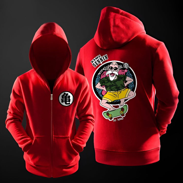 Le dos d'un sweat-shirt rouge à capuche avec un imprimé de Tortue Géniale, un personnage de Dragon Ball Z, en train de faire du skateboard.,SW-1502311755,SW-0410531022,SW-1675073023,SW-3906435059,SW-414894523X,SW-1803187387,SW-3307421425,SW-882373844X,SW-8489120757,SW-2804187039,SW-3870420804,SW-6134558257,SW-3734602289,SW-5833195578,SW-369521886X