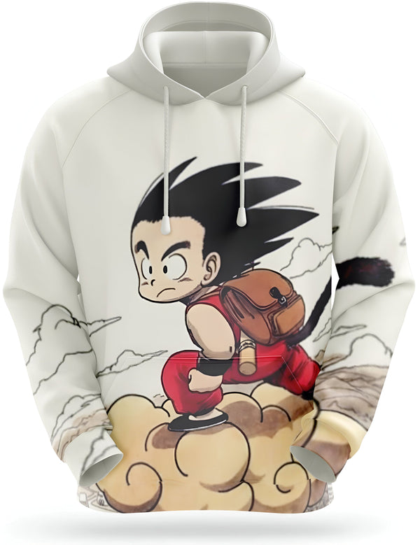 L'image représente un sweat à capuche blanc avec un imprimé du personnage Son Goku de la série animée Dragon Ball Z. Son Goku est représenté en train de voler sur un nuage, avec son bâton magique à la main. Il porte une combinaison orange et bleue, et a les cheveux noirs hérissés. Le sweat à capuche est disponible en plusieurs tailles et peut être acheté en ligne.,SW-2533658650,SW-9531299021,SW-8949640325,SW-5929269416,SW-0172276764,SW-529647032X,SW-3328787518,SW-7687266609