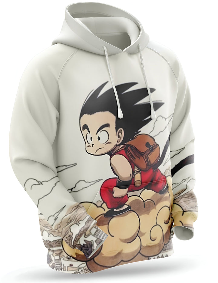 Une image d'un sweat à capuche blanc avec un personnage de dessin animé japonais, Son Goku, qui est assis sur un nuage. Il porte une combinaison orange et une ceinture bleue. Le sweat à capuche a une capuche blanche avec un cordon de serrage rouge.,SW-2533658650,SW-9531299021,SW-8949640325,SW-5929269416,SW-0172276764,SW-529647032X,SW-3328787518,SW-7687266609