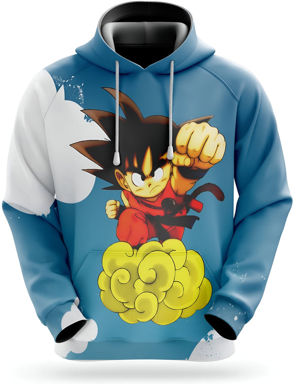 Une image d'un sweat à capuche bleu avec un personnage de dessin animé, Son Goku de Dragon Ball Z, en train de voler sur un nuage.,SW-0990929353,SW-8030947925,SW-8805080128,SW-1124314555,SW-035994938X,SW-4064982452,SW-1281509647