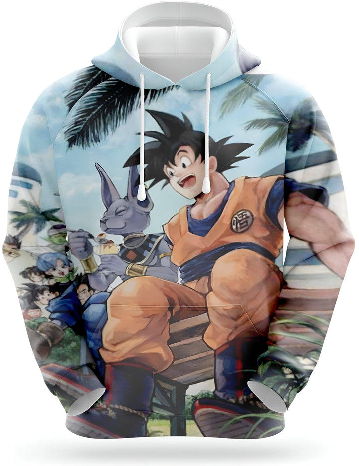L'image représente un sweat à capuche bleu avec une image de Son Goku et Vegeta, deux personnages de la série animée Dragon Ball Z. Son Goku est assis sur un banc et mange un popsicle, tandis que Vegeta est debout à côté de lui et le regarde. Le sweat à capuche est également décoré d'autres personnages de la série, comme Krilin, Piccolo et Gohan.,SW-7723961391,SW-0606309691,SW-3487171570,SW-4194601815,SW-7211645377,SW-6582584812,SW-1676256571,SW-1358561206,SW-4080223404