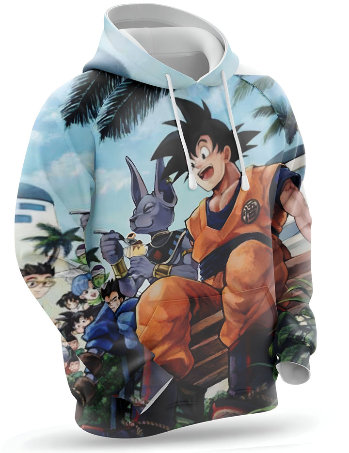 Une image d'un sweat à capuche Dragon Ball Z. Le sweat à capuche est bleu et blanc avec une image de Goku et Vegeta assis sur un banc. Il y a aussi d'autres personnages de Dragon Ball Z dans l'image.,SW-7723961391,SW-0606309691,SW-3487171570,SW-4194601815,SW-7211645377,SW-6582584812,SW-1676256571,SW-1358561206,SW-4080223404