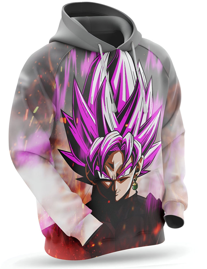 Une image d'un sweat à capuche gris avec une illustration de Son Goku, un personnage de la série animée Dragon Ball Z. Son Goku est représenté avec les cheveux roses et noirs et porte une expression sérieuse sur le visage. Il est entouré d'un feu violet et porte une aura violette.,SW-3714630015,SW-3550902514,SW-1704521653,SW-7073658975,SW-9169075352,SW-0077746090,SW-9040693986,SW-727770536X,SW-4238737369