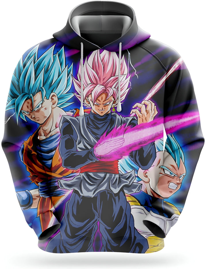 L'image représente trois personnages de la série animée Dragon Ball Super. Il y a Goku, Vegeta et Black Goku. Goku est un Saiyan avec des cheveux bleus et des yeux bleus. Il porte une combinaison orange et bleue. Vegeta est un Saiyan avec des cheveux noirs et des yeux bleus. Il porte une combinaison bleue et jaune. Black Goku est un Saiyan avec des cheveux roses et des yeux noirs. Il porte une combinaison noire et violette.