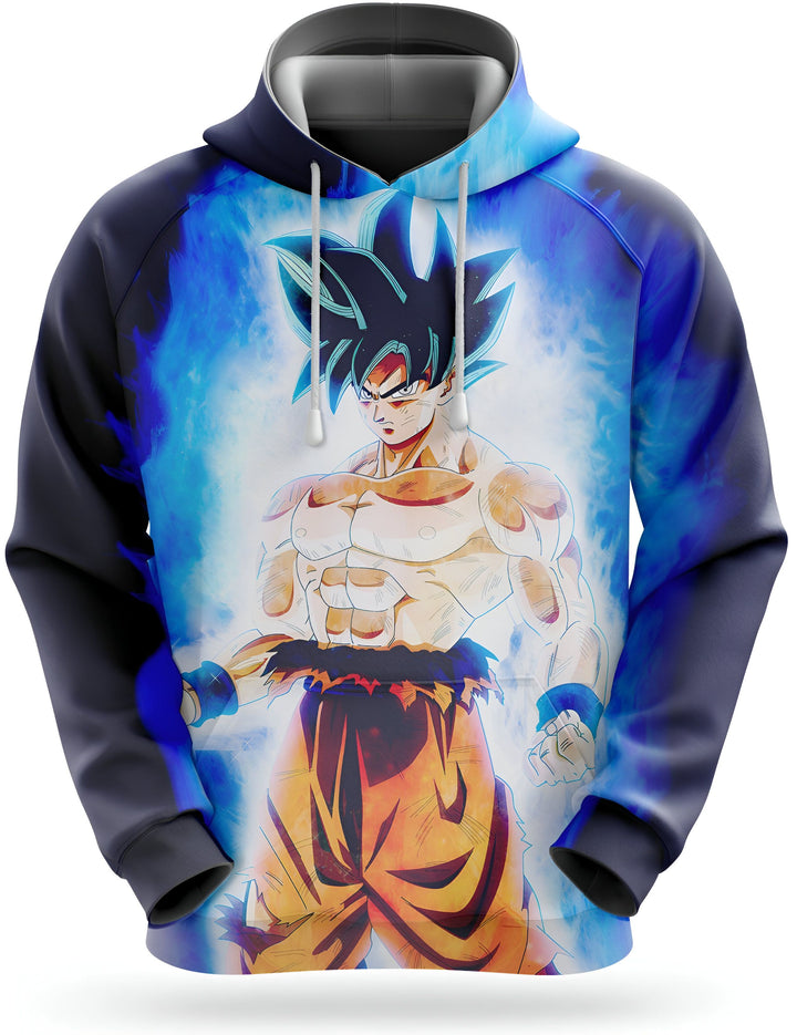 Une image d'un sweat à capuche bleu avec un personnage de dessin animé japonais, Son Goku, en train de se battre. Il est entouré d'une aura bleue et porte une combinaison orange et bleue.,SW-6248895392,SW-687430996X,SW-3947905033,SW-4536311335,SW-1454181370,SW-3145818759,SW-8550080276,SW-7469517103