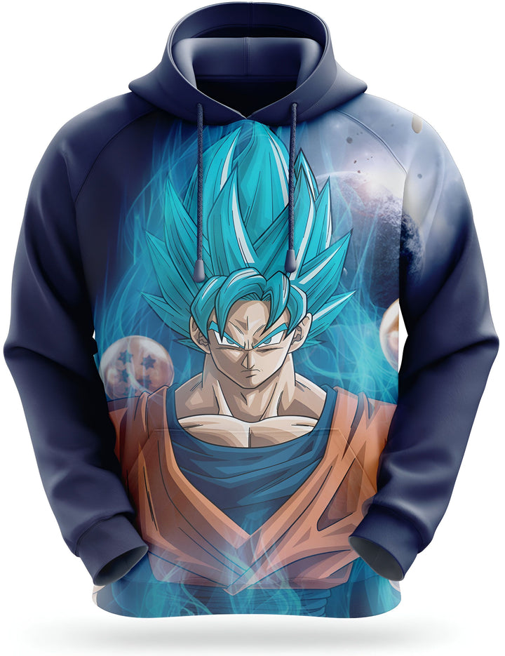 L'image représente un sweat à capuche bleu avec une image de Son Goku, un personnage de la série animée Dragon Ball Z. Son Goku est représenté en train de se transformer en Super Saiyan, avec ses cheveux bleus et ses yeux bleus. Il est entouré d'un aura bleue et de planètes.,SW-3788301716,SW-6138358325,SW-7841993692,SW-0127893083,SW-8331292227,SW-1185703233,SW-0885250346,SW-4058318090,SW-6620451357