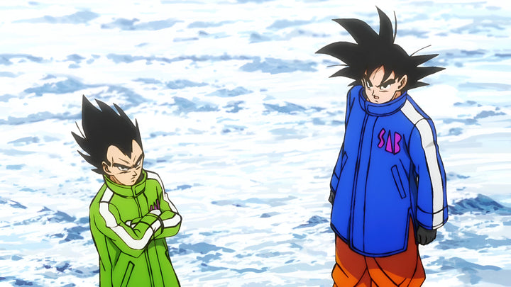 L'image montre deux personnages de dessins animés, Vegeta et Goku, debout dans la neige. Vegeta porte une veste verte et Goku porte une veste bleue.,SW-2675682780,SW-9616960202,SW-5708682108,SW-5201688047,SW-8778814006,SW-7513645418,SW-9221047113,SW-6756687735