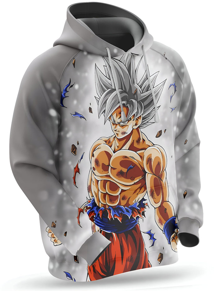 Une image d'un sweat à capuche gris avec un imprimé du personnage de Son Goku de la série animée Dragon Ball Z. Son Goku est représenté avec ses cheveux blancs et sa tenue orange et bleue. Il est en position de combat, avec les poings serrés et le regard déterminé. Le sweat à capuche est disponible en plusieurs tailles et peut être acheté en ligne.,SW-4501731710,SW-8092457689,SW-2441788876,SW-8345921566,SW-4057900993,SW-5498800274,SW-913574975X,SW-3487050803,SW-0335656781