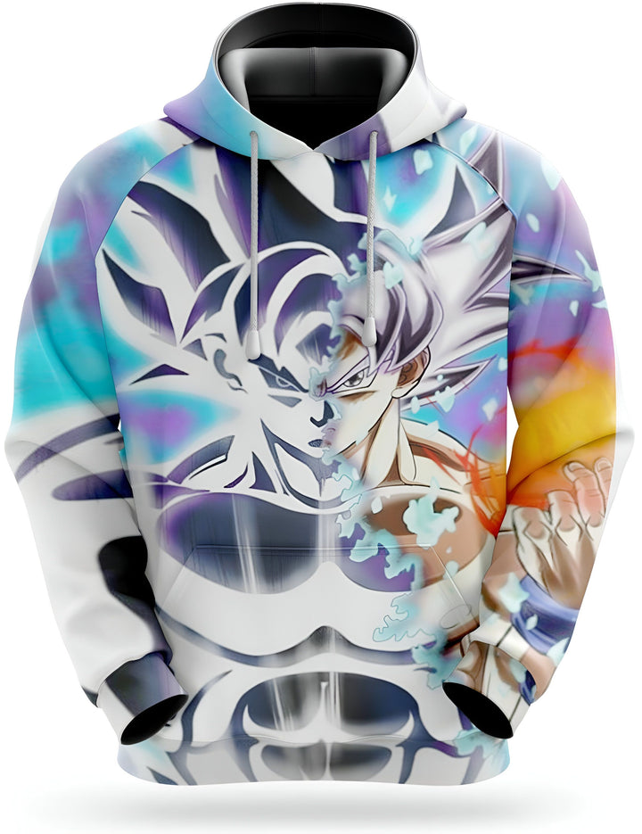 Une image d'un sweat à capuche Dragon Ball Z. Le sweat à capuche est blanc avec des dégradés de couleurs bleues et orange. Il y a une image de Goku, un personnage de Dragon Ball Z, sur le devant du sweat à capuche. Goku est en train de se battre et il est entouré d'énergie bleue et orange.,SW-8273355012,SW-3474838652,SW-9227415459,SW-5343237800,SW-5900054551,SW-0642181756,SW-5564254740,SW-0872292207,SW-9713473159