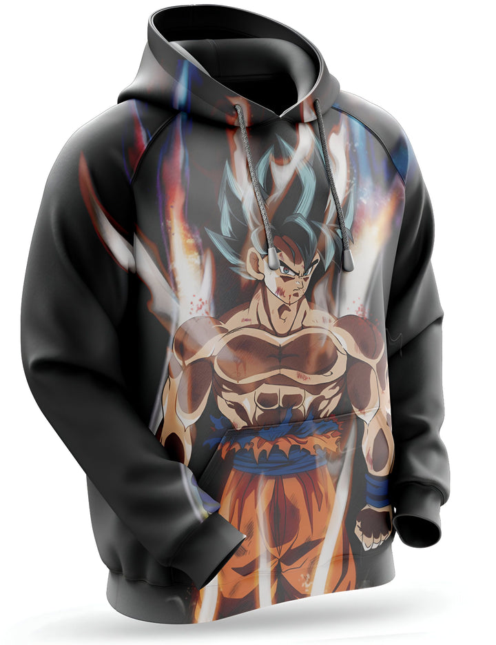L'image représente un sweat à capuche noir avec une image de Son Goku, un personnage de la série animée Dragon Ball Z. Son Goku est représenté en train de se battre, avec ses cheveux bleus hérissés et une aura jaune autour de lui. Le sweat à capuche est disponible en plusieurs tailles et peut être acheté en ligne.,SW-037943556X,SW-0893990779,SW-1249445442,SW-0246996218,SW-3863353234,SW-2938602146,SW-2285912315,SW-9336319809