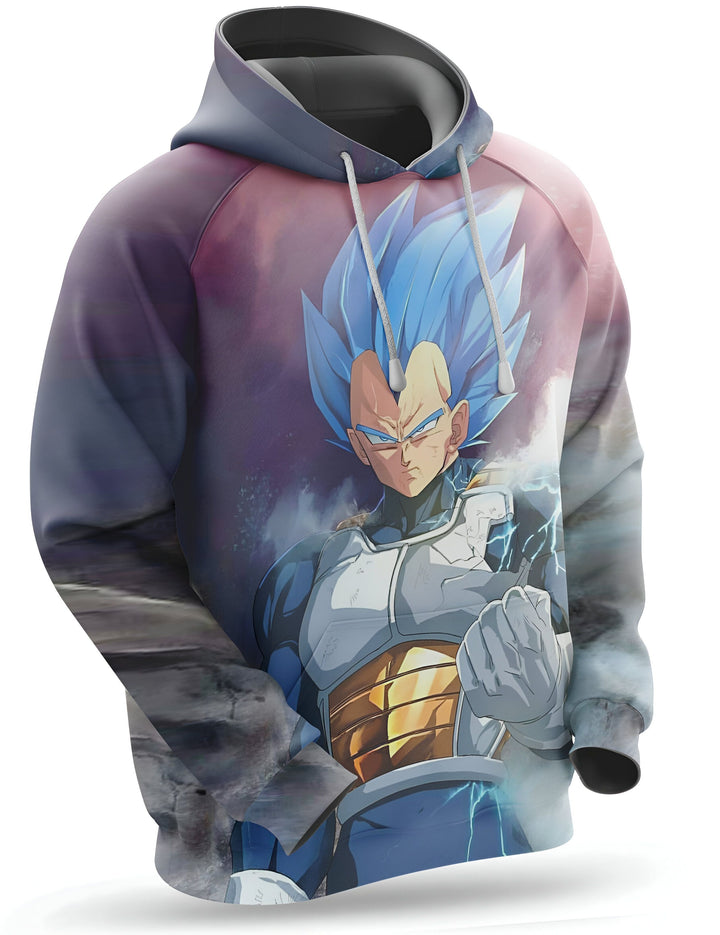 L'image représente un sweat à capuche violet et gris avec un imprimé du personnage de Vegeta, un personnage de la série animée Dragon Ball Z. Il est vêtu d'une armure bleue et jaune et a les cheveux bleus. Il est en position de combat et semble prêt à attaquer.,SW-0215846672,SW-2470050383,SW-2550827457,SW-9779108238,SW-9504765734,SW-4605169865,SW-1561303763,SW-7385042651