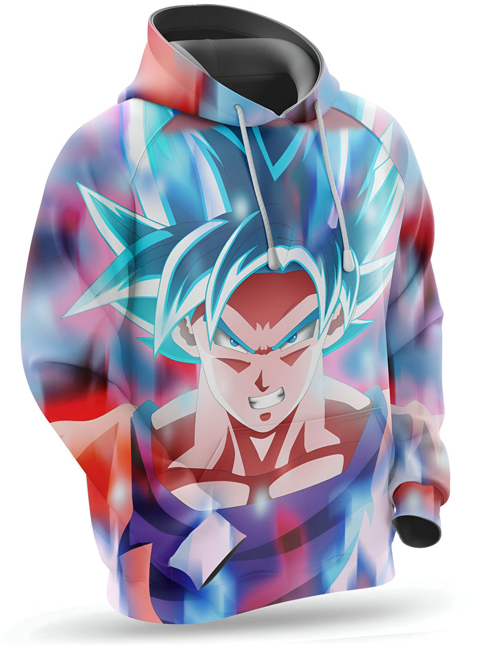 Une image d'un sweat à capuche bleu et rouge avec un personnage de dessin animé dessus. Le personnage est un homme avec des cheveux bleus et des yeux bleus. Il est vêtu d'une combinaison orange et bleue. Il est en train de se mettre en colère et il est entouré d'une aura bleue et rouge.,SW-5854176467,SW-8725364200,SW-3978716011,SW-0516208829,SW-395587043X,SW-6858135693,SW-5466592161,SW-4995869425,SW-0884308685