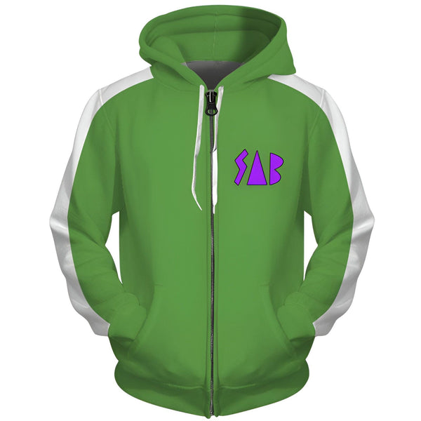 Une image d'un sweat-shirt à capuche vert avec des manches blanches et une fermeture éclair sur le devant. Le sweat-shirt a un logo violet sur la poitrine avec les lettres "SAB".,SW-948460465X,SW-5689761168,SW-900165309X,SW-7930324672,SW-2021835731,SW-9368569738,SW-659695787X,SW-2878996224