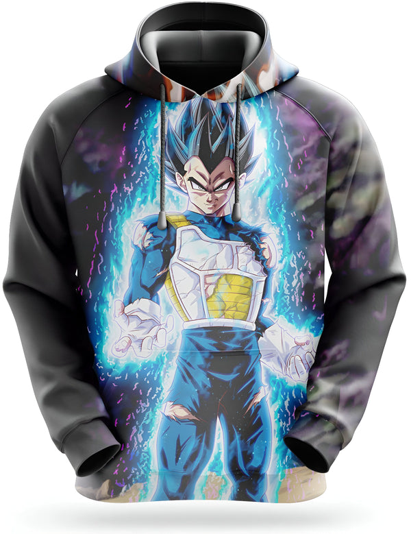 L'image représente un sweat à capuche noir avec une image de Vegeta, un personnage de la série animée Dragon Ball Z. Vegeta est représenté en train de se transformer en Super Saiyan, avec les cheveux bleus et les yeux bleus. Il est entouré d'une aura bleue et violette.,SW-4086323788,SW-707574500X,SW-8371577982,SW-5803376736,SW-4930340454,SW-0480112169,SW-9679535479,SW-7259673478