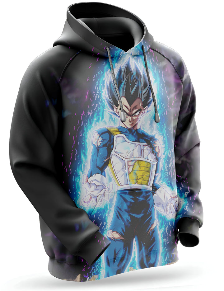 L'image représente un sweat à capuche noir avec une image de Vegeta, un personnage de la série animée Dragon Ball Z. Vegeta est représenté en train de se transformer en Super Saiyan Blue, une transformation qui lui donne des cheveux bleus et une aura bleue. Le sweat à capuche est disponible en plusieurs tailles et peut être acheté en ligne.,SW-4086323788,SW-707574500X,SW-8371577982,SW-5803376736,SW-4930340454,SW-0480112169,SW-9679535479,SW-7259673478