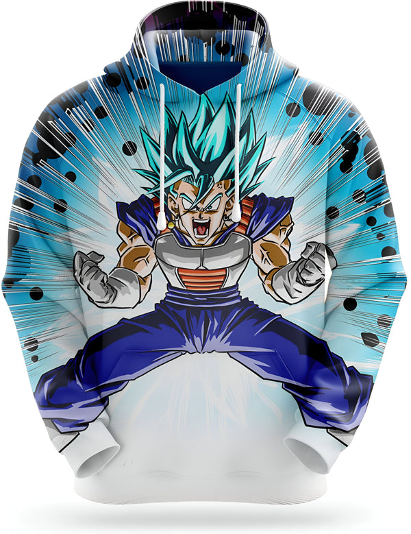 Une image d'un personnage de dessin animé, Vegeta, dans une position de combat. Il a les cheveux bleus et porte une combinaison bleue et orange. Il est entouré d'un fond blanc avec des points noirs.,SW-0648449386,SW-165110736X,SW-0752685082,SW-4167540355,SW-9254691968,SW-6448573992,SW-5008922467,SW-9191122007,SW-9220478935