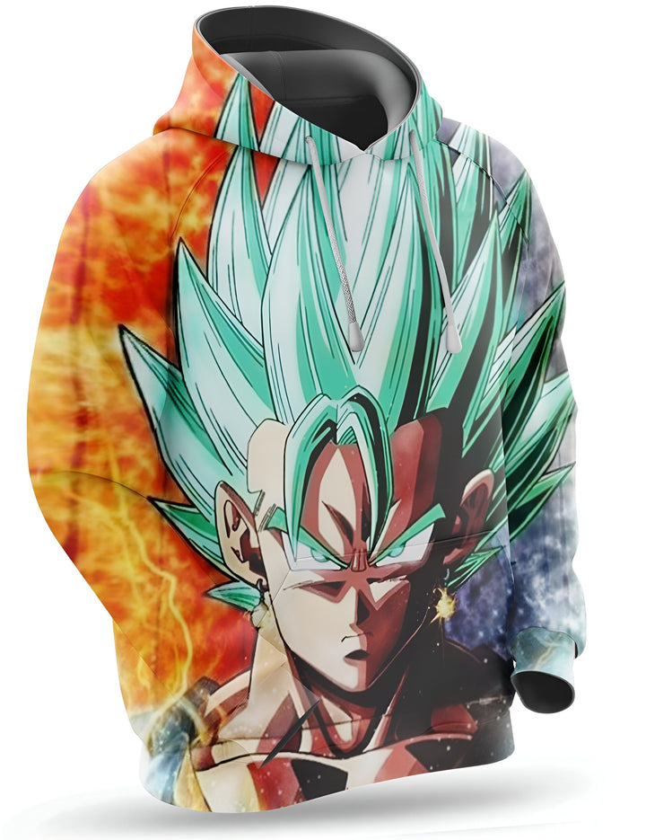 Une image d'un sweat à capuche avec un personnage de Dragon Ball Z, Vegeta, en train de se transformer en Super Saiyan. Il est entouré d'un feu orange et d'un fond bleu avec des étoiles.,SW-624692462X,SW-4081012393,SW-6280990427,SW-3634431091,SW-5109363048,SW-4686336597,SW-7416106613,SW-0682978175
