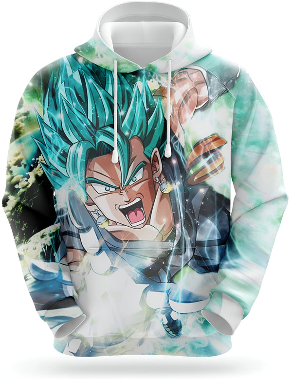 Une image d'un sweat à capuche Dragon Ball Z avec un personnage aux cheveux bleus et verts. Il porte une combinaison bleue et jaune avec une ceinture verte. Il est en train de se battre contre un adversaire invisible.,SW-6255913015,SW-660847816X,SW-4267408904,SW-3978686287,SW-550318338X,SW-8690043403,SW-1130512886,SW-9957244817