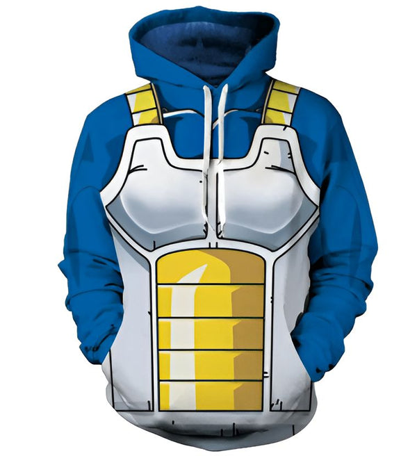 L'image représente un sweat à capuche bleu avec une armure de Saiyan. L'armure est blanche et jaune avec des épaulettes et un plastron. Le sweat à capuche a une capuche bleue avec un cordon de serrage blanc.,SW-5148353031,SW-8391012662,SW-6824112593,SW-6726906986,SW-0319418995,SW-8706881076,SW-4248816571,SW-0564608874