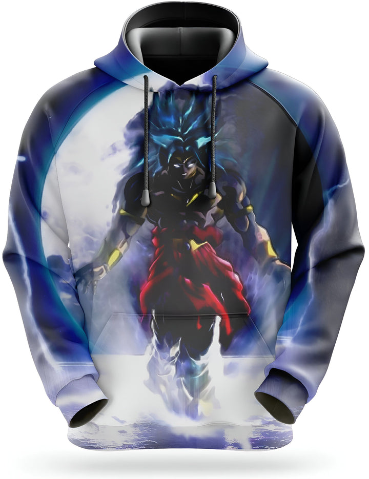 Une image d'un sweat à capuche bleu et noir avec une image de Broly, un personnage de Dragon Ball Z, imprimée dessus. Broly est un Saiyan légendaire et l'un des personnages les plus puissants de la série. Il est représenté ici avec ses cheveux bleus et verts et sa peau verte. Il porte une combinaison bleue et jaune et est entouré d'une aura bleue.,SW-0654510458,SW-1581926146,SW-5258766357,SW-4185139918,SW-2985921015,SW-9476170123,SW-735033933X,SW-9604120204