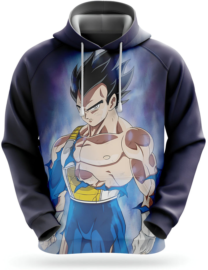 L'image représente un sweat à capuche bleu avec une image de Vegeta, un personnage de la série animée Dragon Ball Z. Vegeta est représenté avec une expression sérieuse sur le visage et porte une combinaison bleue et jaune. Le sweat à capuche est zippé et possède une capuche avec des cordons de serrage.,SW-4369935431,SW-8004680399,SW-5522564903,SW-5158417253,SW-2324137321,SW-8333130836,SW-5463028362,SW-6445577105