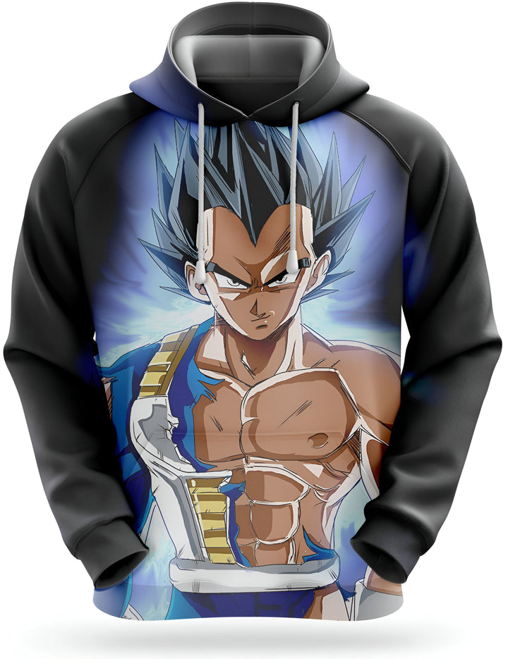 L'image représente un sweat à capuche noir avec une image de Vegeta, un personnage de la série animée Dragon Ball Z. Vegeta est représenté avec ses cheveux bleus et sa tenue de combat bleue et jaune. Il est en position de combat et semble prêt à attaquer. Le sweat à capuche est disponible en plusieurs tailles et est parfait pour les fans de Dragon Ball Z.,SW-3875048709,SW-6073665547,SW-7620964916,SW-880971041X,SW-7321180360,SW-6084382258,SW-1526084317,SW-7342241369