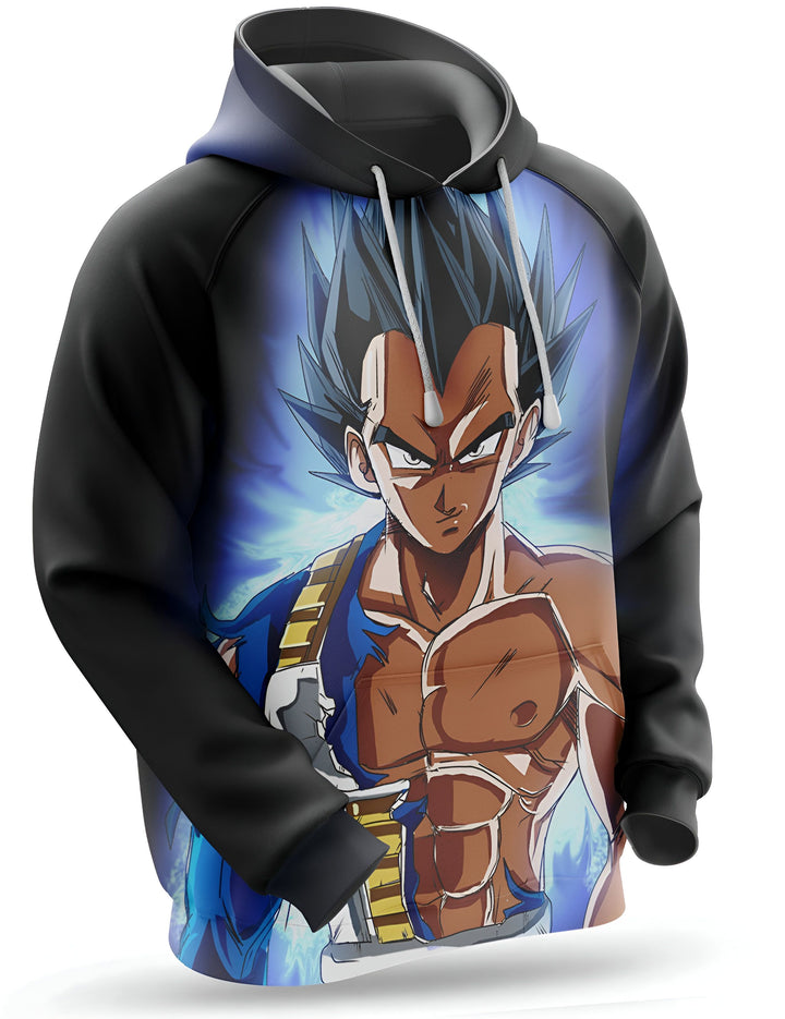 Voici un sweat à capuche Dragon Ball Z Vegeta. Il est noir avec une image de Vegeta, un personnage de la série, sur le devant. Vegeta est représenté avec ses cheveux bleus et sa tenue bleue et jaune. Il est en train de se battre et est entouré d'une aura bleue.,SW-3875048709,SW-6073665547,SW-7620964916,SW-880971041X,SW-7321180360,SW-6084382258,SW-1526084317,SW-7342241369