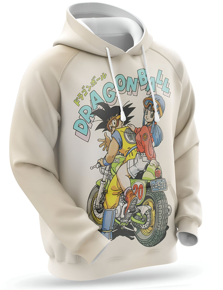 Une image d'un sweat à capuche beige avec une illustration de Son Goku et Bulma sur une moto.,SW-6575528945,SW-3427630048,SW-6428840782,SW-6453437791,SW-2266881388,SW-8841568992