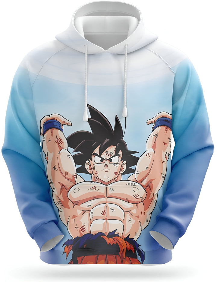 L'image représente un sweat à capuche bleu et blanc avec un personnage de dessin animé, Son Goku, en train de se mettre en position pour attaquer. Il est vêtu d'une combinaison orange et bleue déchirée et a les cheveux noirs hérissés. Le sweat à capuche est disponible en plusieurs tailles et est parfait pour les fans de Dragon Ball Z.,SW-5100202939,SW-3396041100,SW-8619427741,SW-196046213X,SW-994902899X,SW-5087206611,SW-5723114077,SW-9431890399,SW-7857312916