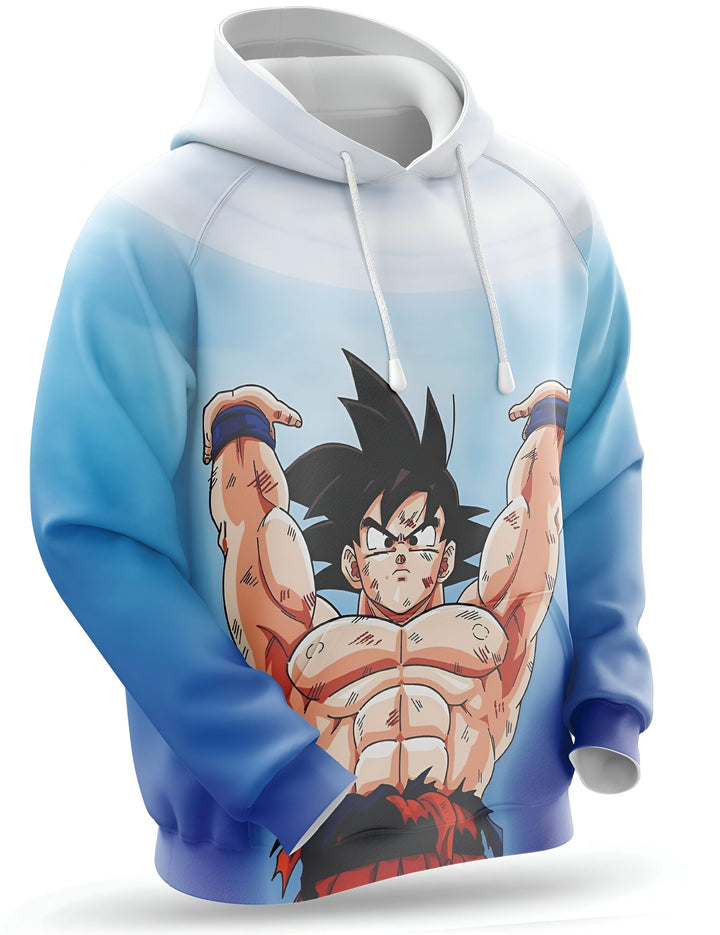 Une image d'un sweat à capuche Dragon Ball Z bleu et blanc. Le sweat à capuche a une image de Goku, un personnage de Dragon Ball Z, en train de se mettre en colère.,SW-5100202939,SW-3396041100,SW-8619427741,SW-196046213X,SW-994902899X,SW-5087206611,SW-5723114077,SW-9431890399,SW-7857312916