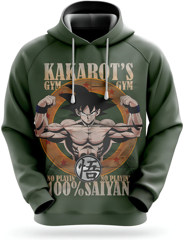 Une image d'un sweat à capuche vert avec le logo de Goku, un personnage de Dragon Ball Z. Le logo est entouré de texte qui dit "Kakarot's Gym", "No playin', no playin'" et "100% Saiyan".,SW-4712275901,SW-9737303164,SW-9520609067,SW-6196618482,SW-0514295538,SW-4272961896,SW-9074224423,SW-9800057307