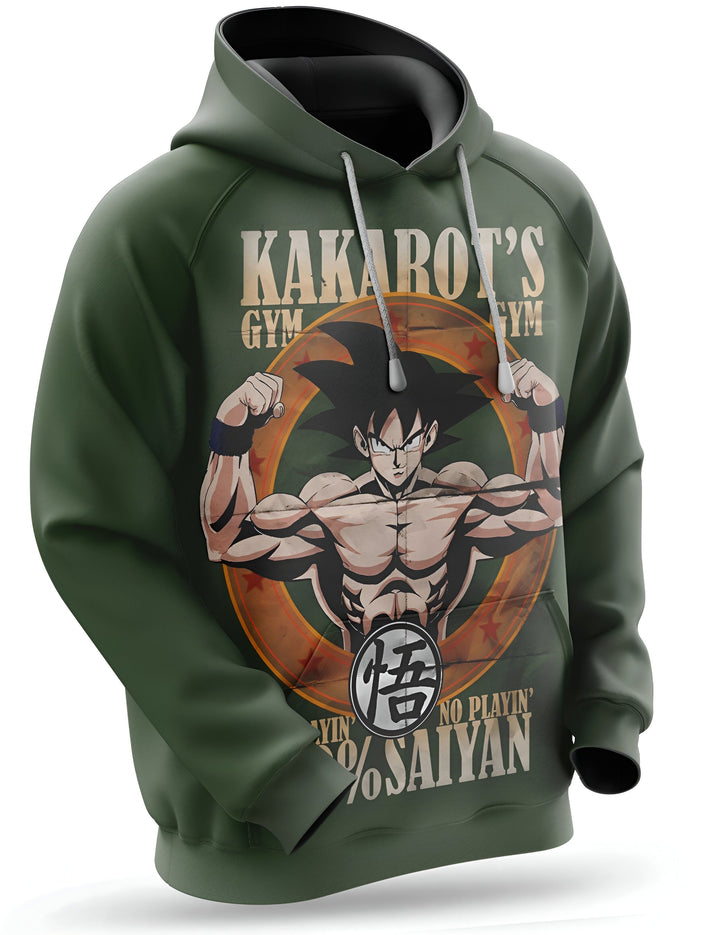 Une image d'un sweat à capuche vert avec une illustration de Son Goku, un personnage de Dragon Ball Z. Il est écrit "Kakarot's Gym" au-dessus de l'illustration et "100% Saiyan" en dessous.,SW-4712275901,SW-9737303164,SW-9520609067,SW-6196618482,SW-0514295538,SW-4272961896,SW-9074224423,SW-9800057307