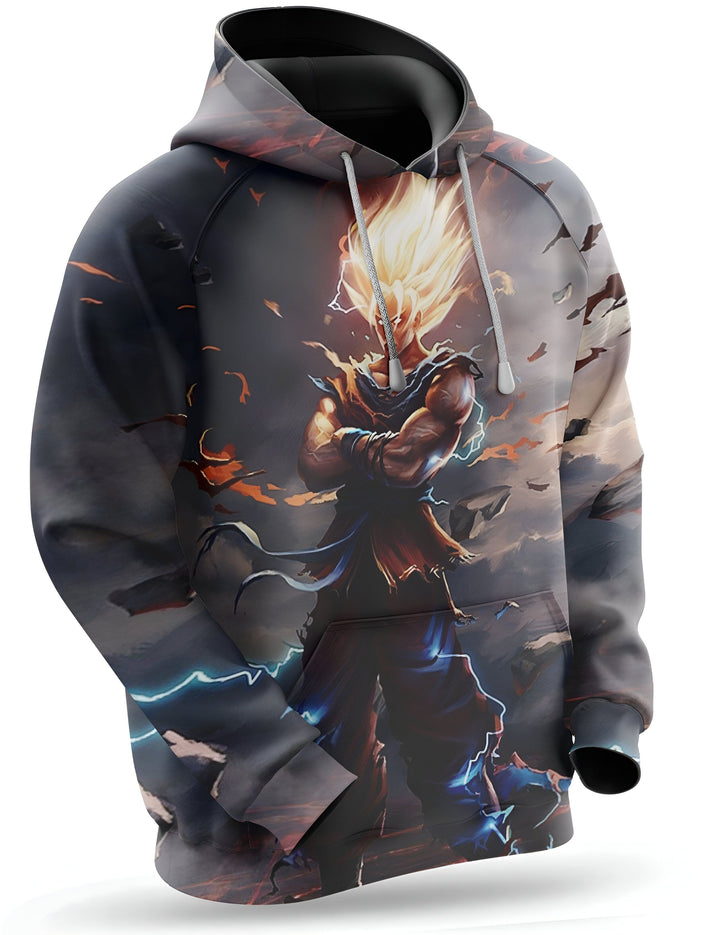 L'image représente un sweat à capuche noir avec une image de Son Goku, un personnage de la série animée Dragon Ball Z. Son Goku est représenté en train de se battre, avec ses cheveux blonds hérissés et ses muscles saillants. Le sweat à capuche est également orné de flammes et d'éclairs.,SW-8860755395,SW-2842328922,SW-900412098X,SW-8220910402,SW-8927865049,SW-9463649301,SW-7732381033