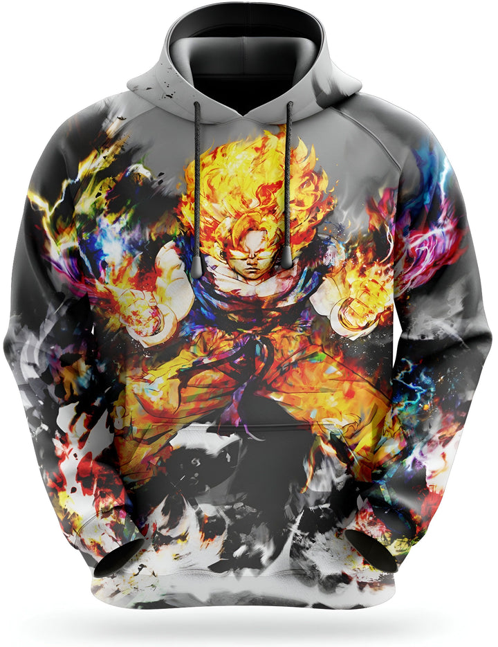 Une image d'un sweat à capuche gris avec une illustration de Son Goku, un personnage de la série animée Dragon Ball Z. Son Goku est représenté en train de se mettre en position pour attaquer, avec ses cheveux blonds hérissés et ses yeux bleus brillants. Le sweat à capuche est également décoré de flammes et d' éclairs oranges et bleus.,SW-8418358262,SW-4107120546,SW-7800374661,SW-3905909324,SW-7850575415,SW-8289789696,SW-2344442952,SW-7146931404,SW-9317649025