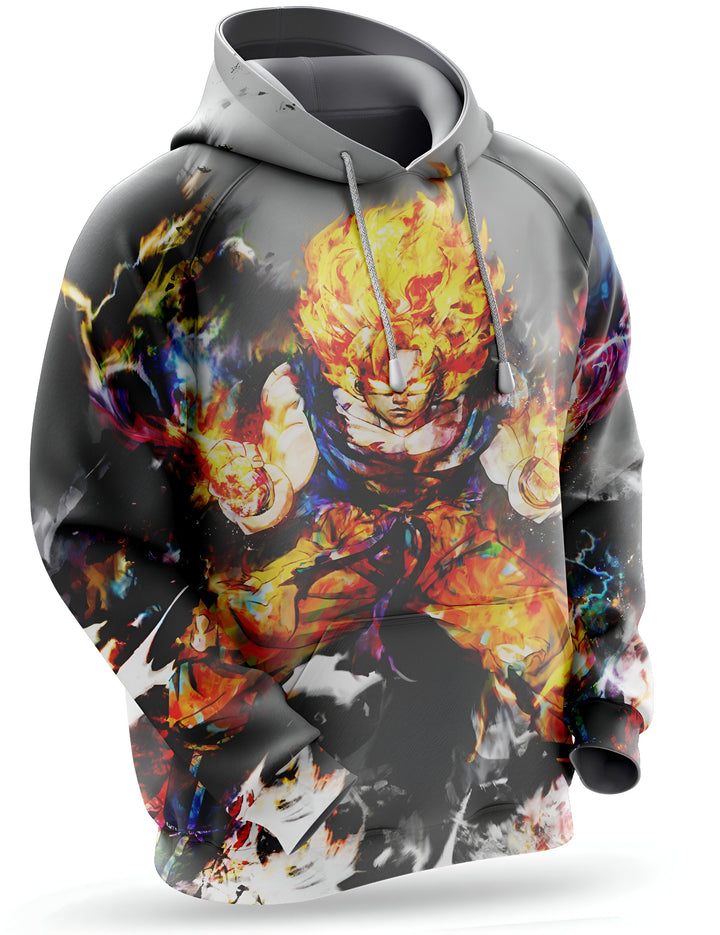 Le sweat à capuche représente Son Goku, un personnage de la série animée japonaise Dragon Ball Z. Il est vêtu de sa combinaison orange et bleue et est en position de combat. Le fond est constitué de flammes et d'éclairs.,SW-8418358262,SW-4107120546,SW-7800374661,SW-3905909324,SW-7850575415,SW-8289789696,SW-2344442952,SW-7146931404,SW-9317649025