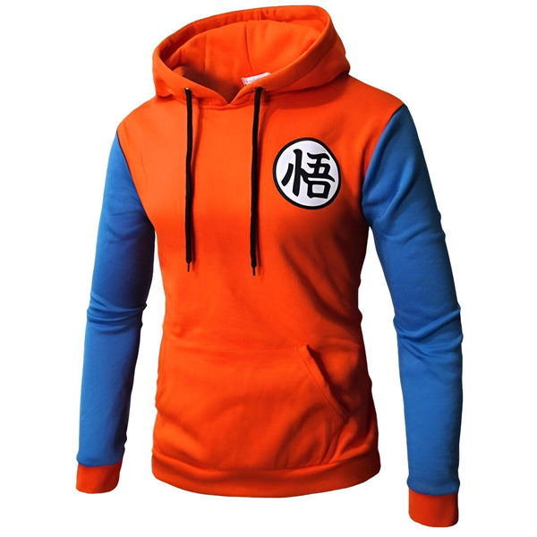 Un sweat à capuche orange et bleu avec le logo de Son Goku, un personnage de la série animée Dragon Ball Z.