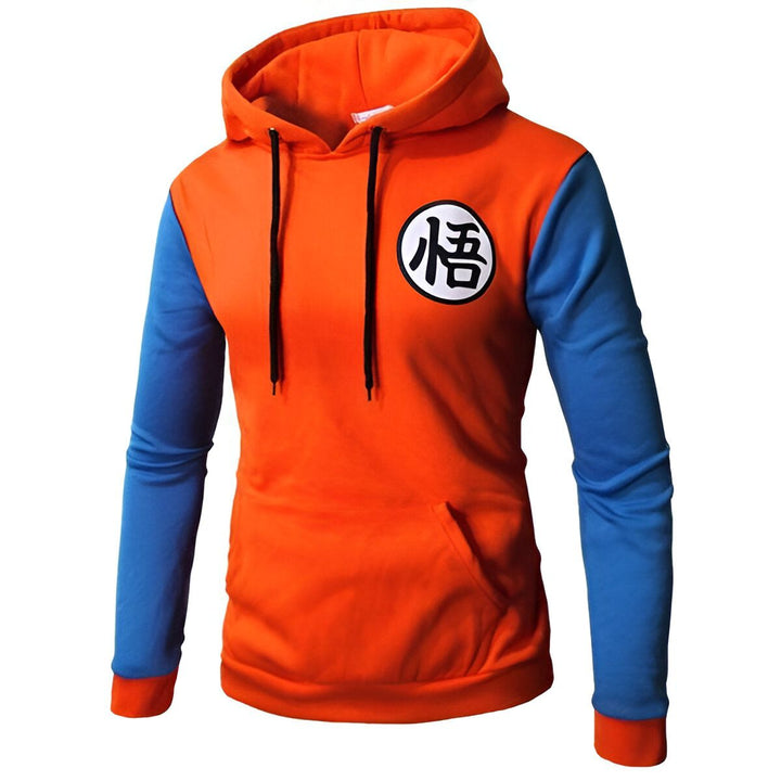 Un sweat à capuche orange et bleu avec le logo de Son Goku, un personnage de la série animée Dragon Ball Z.
