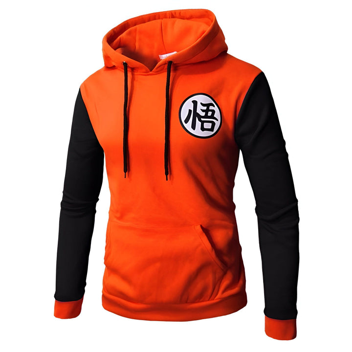 Un sweat à capuche orange et noir avec le symbole de Goku de Dragon Ball Z.