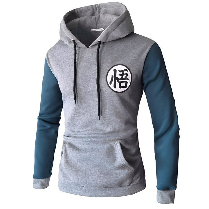 Un sweat-shirt à capuche gris et bleu avec le symbole de Goku, un personnage de Dragon Ball Z.
