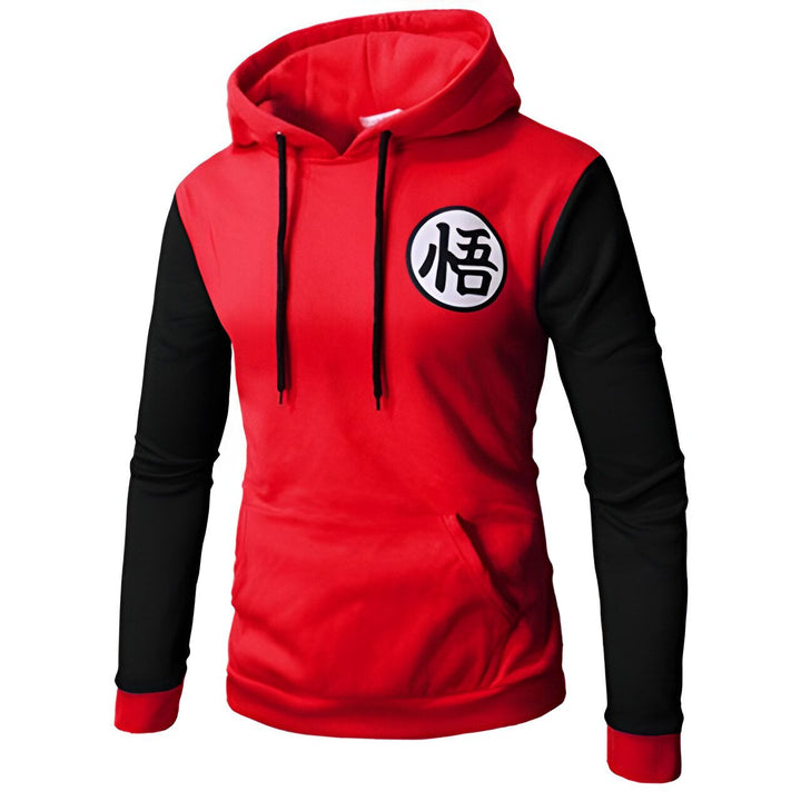 Un sweat-shirt rouge à capuche avec le symbole de Goku de Dragon Ball Z brodé sur la poitrine.