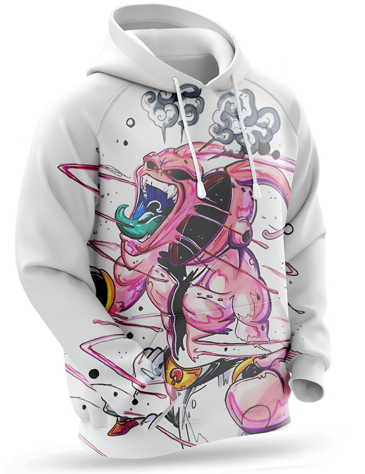 L'image représente un sweat à capuche blanc avec une illustration de Majin Buu, un personnage de la série animée japonaise Dragon Ball Z. Majin Buu est représenté en train de crier, avec sa bouche grande ouverte et sa langue tirée. Il est entouré de fumée et de flammes.,SW-2327052947,SW-0499740319,SW-3643662718,SW-8065068413,SW-4290407455,SW-1471327175,SW-7250063596,SW-6766364645