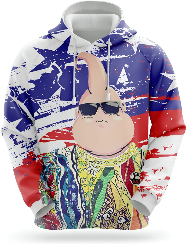 L'image représente un sweat à capuche avec une image de Majin Buu, un personnage de Dragon Ball Z. Il est vêtu d'un costume et porte des lunettes de soleil. Le sweat à capuche est bleu, rouge et blanc avec des étoiles et des rayures.,SW-8109045294,SW-7480721684,SW-4369464455,SW-6901418728,SW-0945602391,SW-9514218825