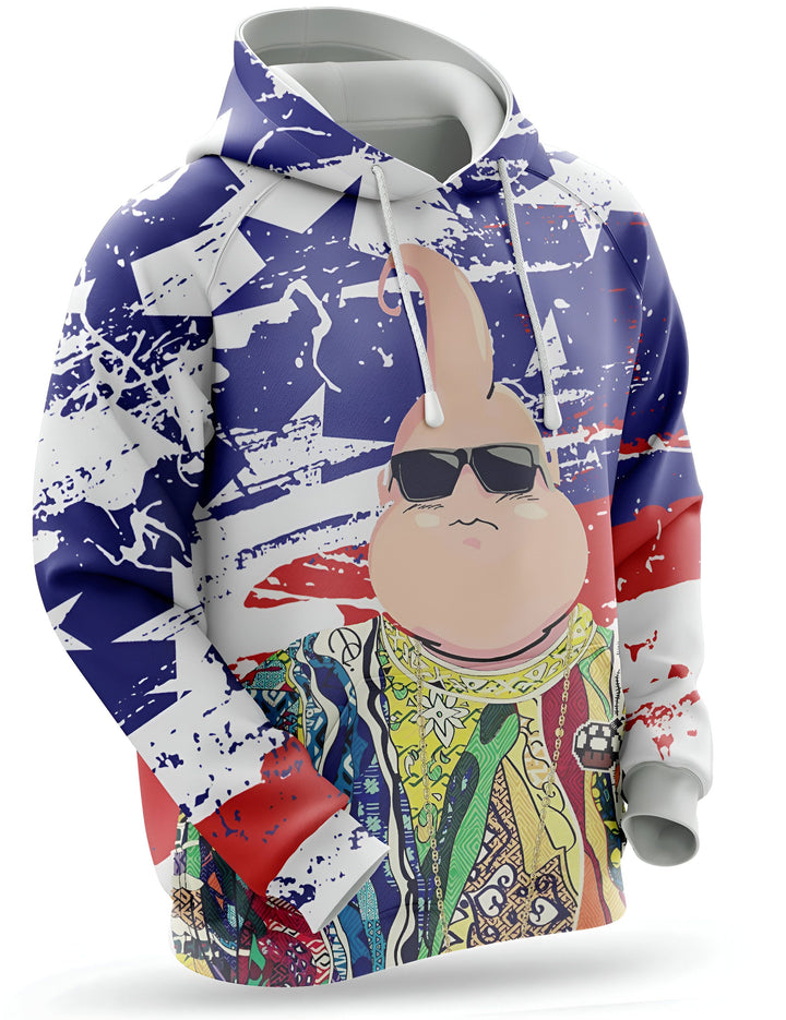 L'image représente un sweat à capuche avec une illustration de Majin Buu, un personnage de Dragon Ball Z. Il porte des lunettes de soleil et une chaîne en or. Le sweat à capuche est blanc avec des rayures verticales rouges et bleues.,SW-8109045294,SW-7480721684,SW-4369464455,SW-6901418728,SW-0945602391,SW-9514218825
