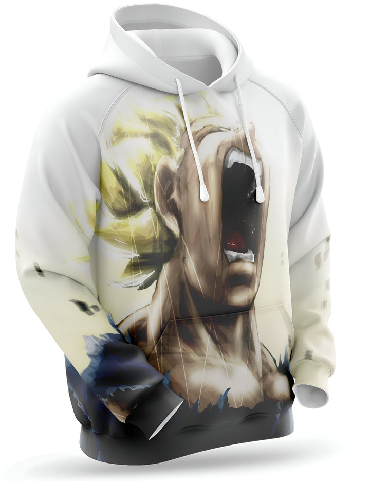 Une image d'un sweat à capuche blanc avec une illustration de Son Goku, un personnage de la série animée Dragon Ball Z. Son Goku est représenté en train de crier, avec les cheveux jaunes et les yeux bleus. Le sweat à capuche est zippé et possède une capuche avec des cordons de serrage.,SW-2994137208,SW-808778877X,SW-7217308364,SW-7283141626,SW-9574898725,SW-7483031751,SW-4324657343,SW-3227049422